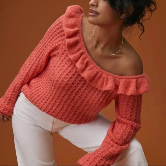 ANTHROPOLOGIE ruffled boat neck sweater size 1X cozy warm coral wool blend knit - Picture 6 of 9
